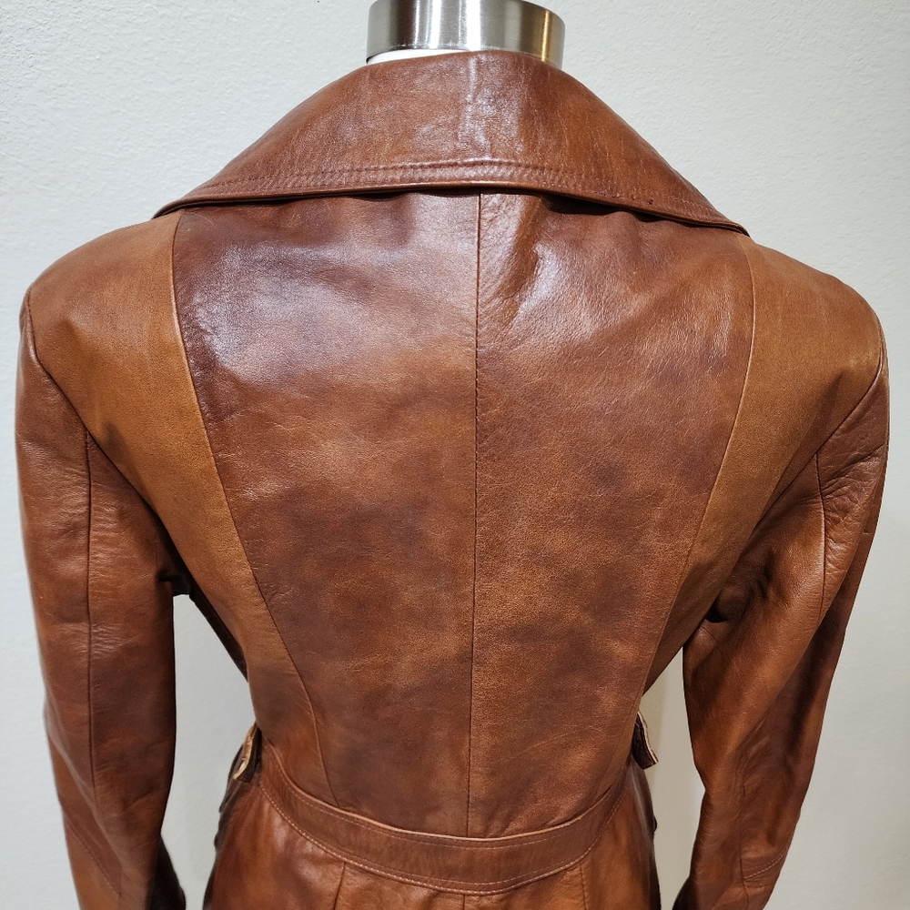 Vintage Leather Trench Coat Full Length 70s Genuine Cognac Leather size Medium - Picture 10 of 16